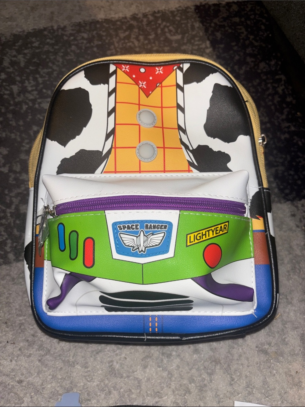 Disney Buzz Lightyear Cow Print Green Purple White Mini Backpack and a wallet